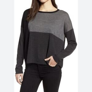 Eileen Fisher Silk Organic Cotton Blend Colorblock Sweater Medium Black Grey Top